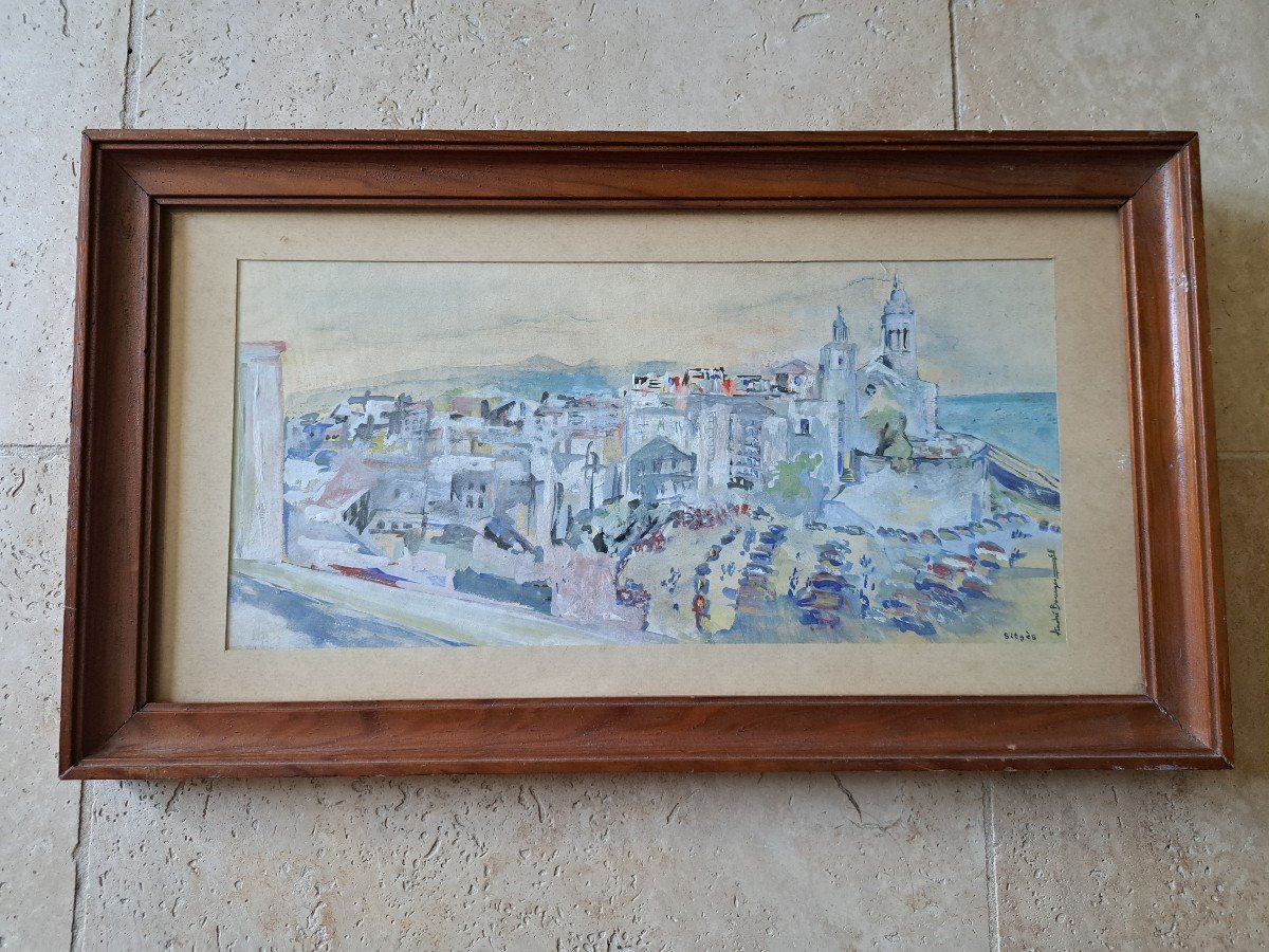 André Bourges, Sitges, Gouache On Paper, 20th Century. 