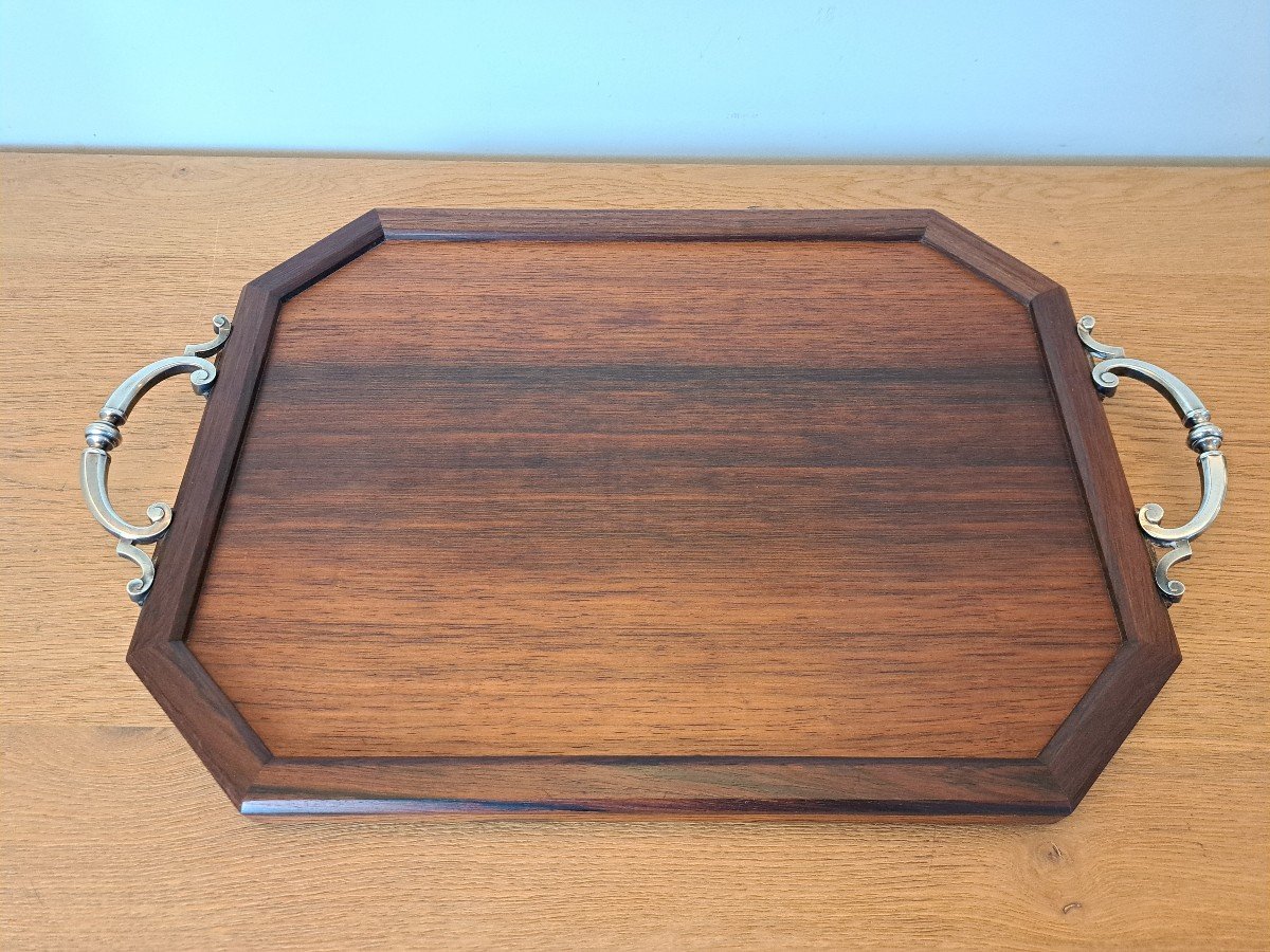 Serving Tray, Rosewood And Silver Metal, 20th Century. -photo-2