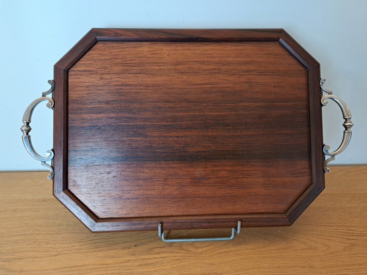 Serving Tray, Rosewood And Silver Metal, 20th Century. -photo-1