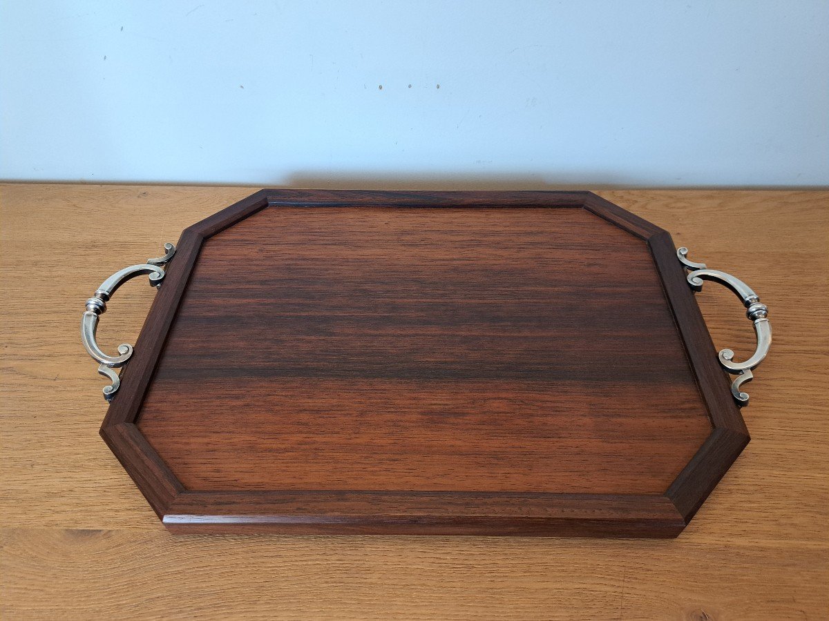 Serving Tray, Rosewood And Silver Metal, 20th Century. -photo-4