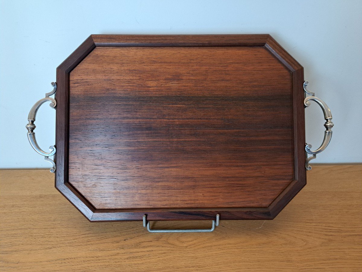 Serving Tray, Rosewood And Silver Metal, 20th Century. 