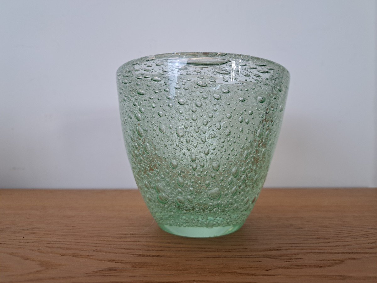 Daum , Nancy , Vase , Cristal Vert Bullé , Vers 1950 . -photo-2