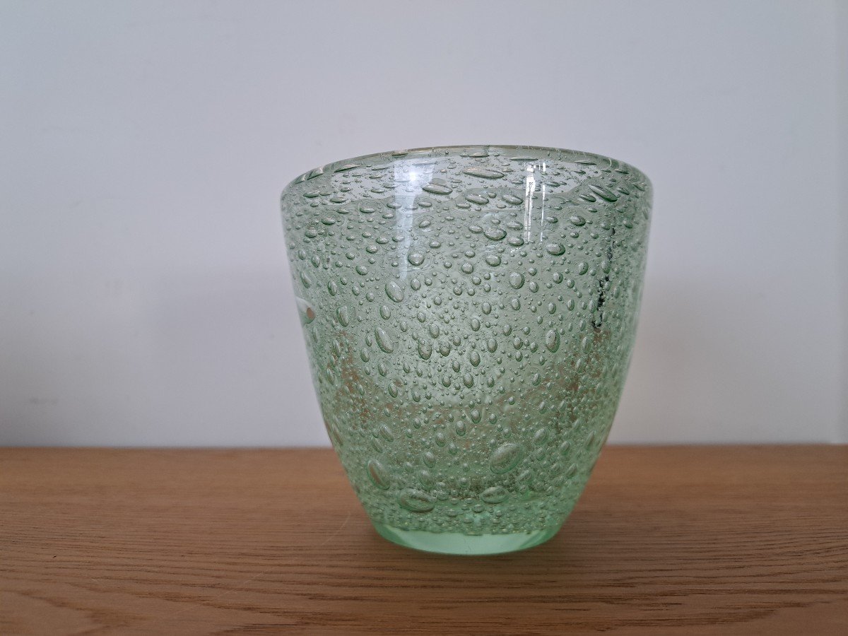 Daum , Nancy , Vase , Cristal Vert Bullé , Vers 1950 . -photo-3