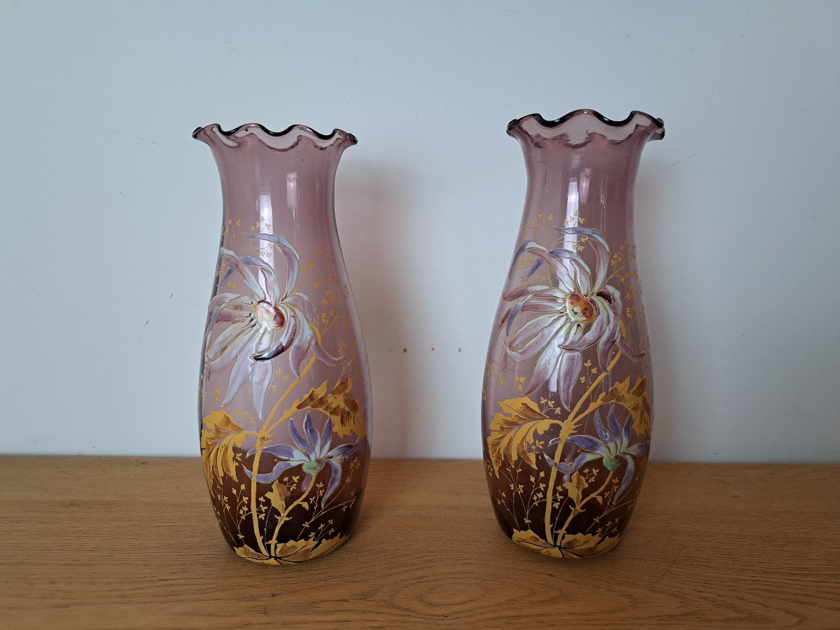 Legras , Paire De Vases , Verre émaillé , Dahlias , Art Nouveau , Fin XIX°/début XX°. -photo-2