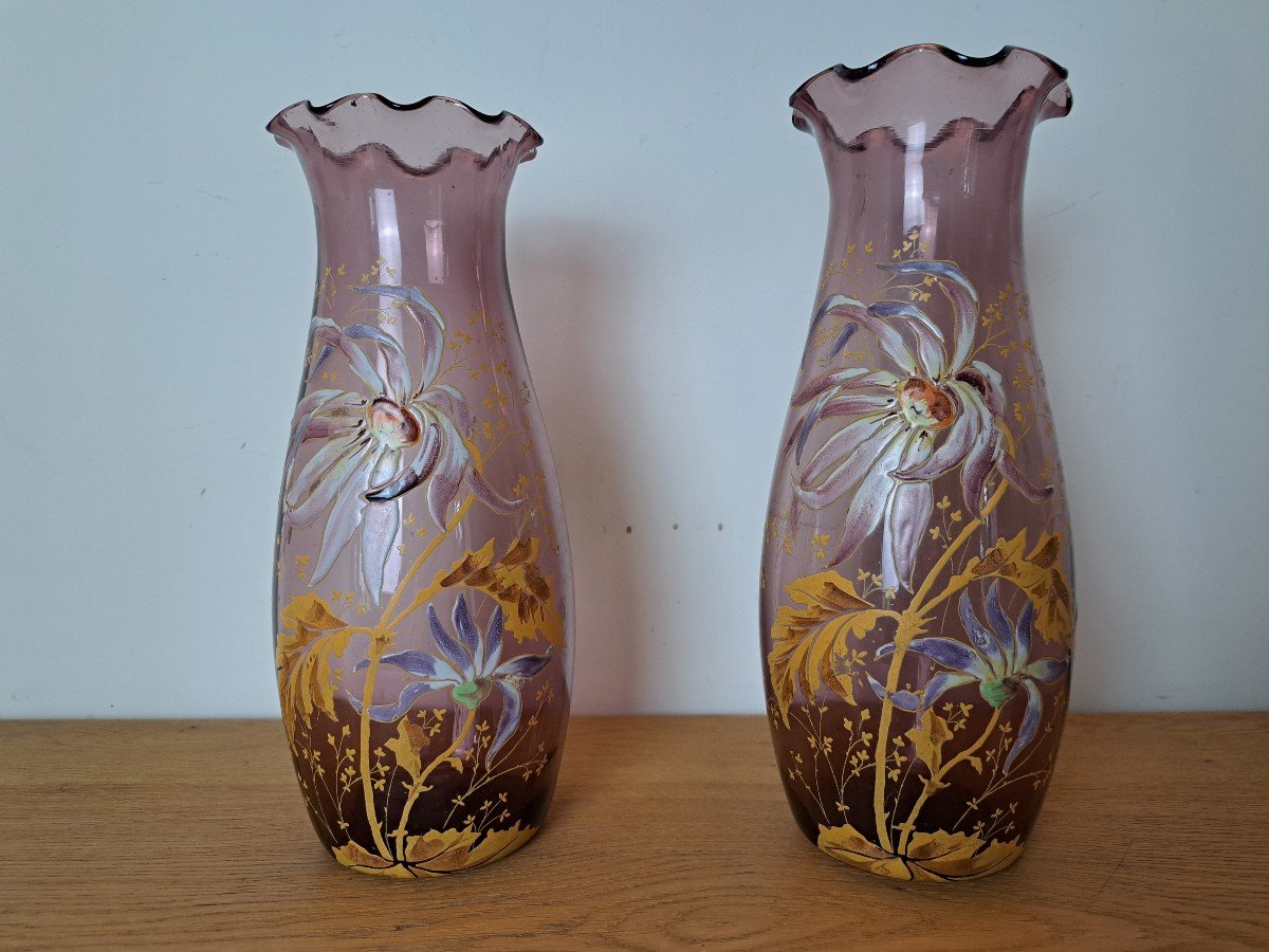 Legras , Paire De Vases , Verre émaillé , Dahlias , Art Nouveau , Fin XIX°/début XX°. -photo-3