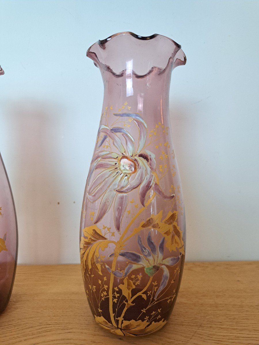 Legras , Paire De Vases , Verre émaillé , Dahlias , Art Nouveau , Fin XIX°/début XX°. -photo-4