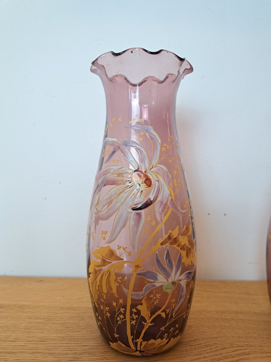 Legras , Paire De Vases , Verre émaillé , Dahlias , Art Nouveau , Fin XIX°/début XX°. -photo-1