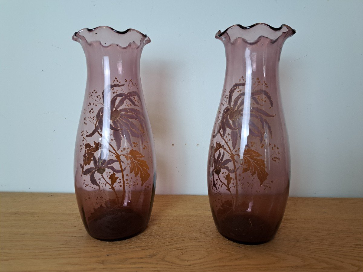 Legras , Paire De Vases , Verre émaillé , Dahlias , Art Nouveau , Fin XIX°/début XX°. -photo-2