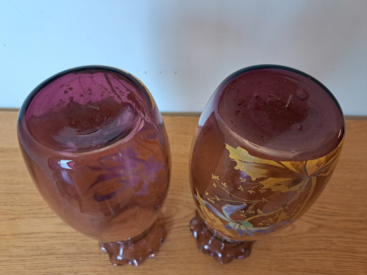 Legras , Paire De Vases , Verre émaillé , Dahlias , Art Nouveau , Fin XIX°/début XX°. -photo-4