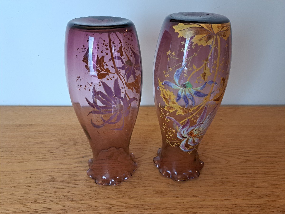 Legras , Paire De Vases , Verre émaillé , Dahlias , Art Nouveau , Fin XIX°/début XX°. -photo-5