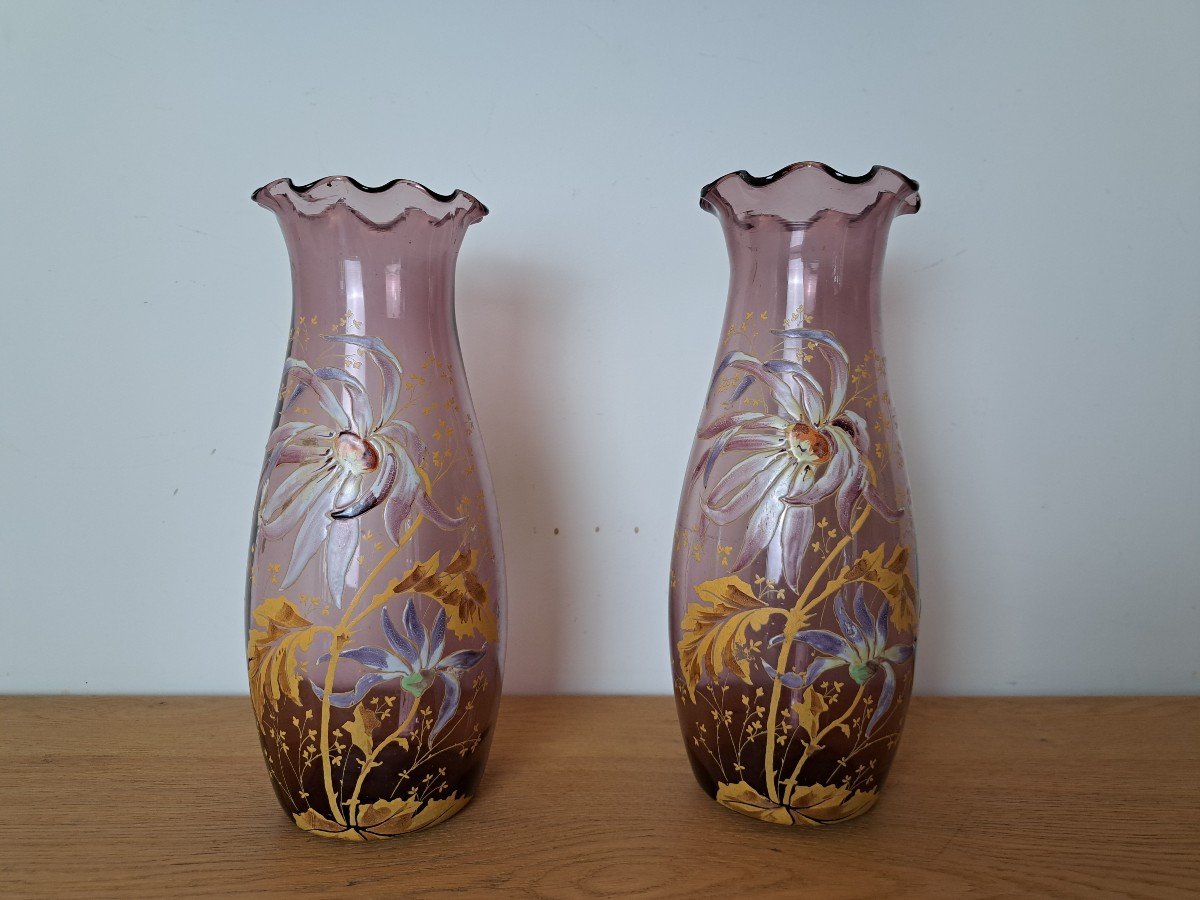 Legras , Paire De Vases , Verre émaillé , Dahlias , Art Nouveau , Fin XIX°/début XX°. 