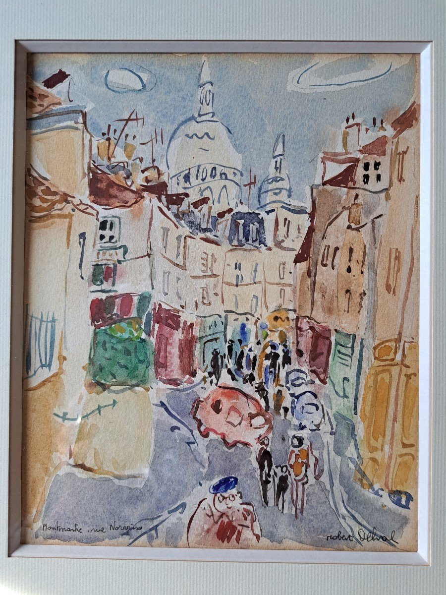 Robert Delval , Rue Norvins , Montmartre , Paris , Aquarelle , XX°. -photo-2