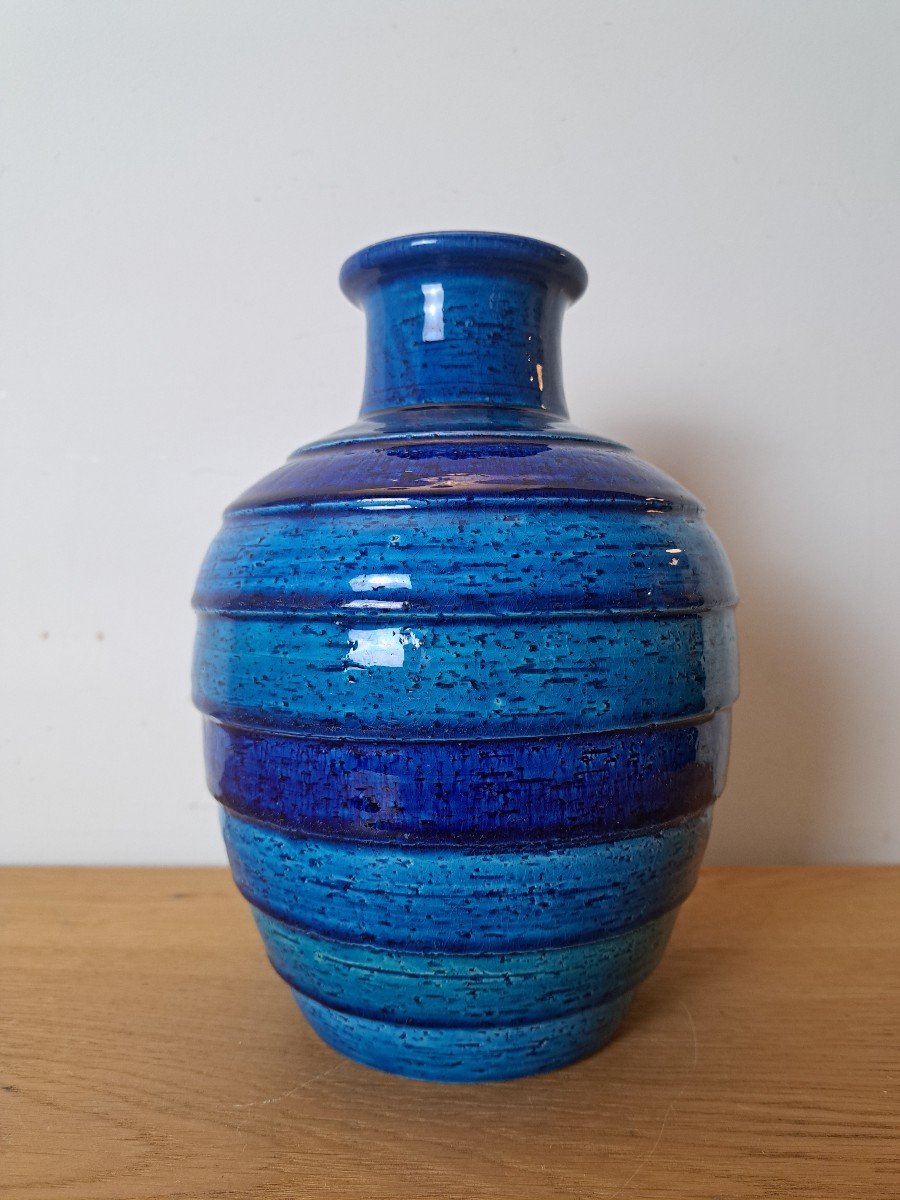 Aldo Londi Pour Bitossi , Vase , Céramique émaillée Bleu/vert , XXe Siècle . -photo-2