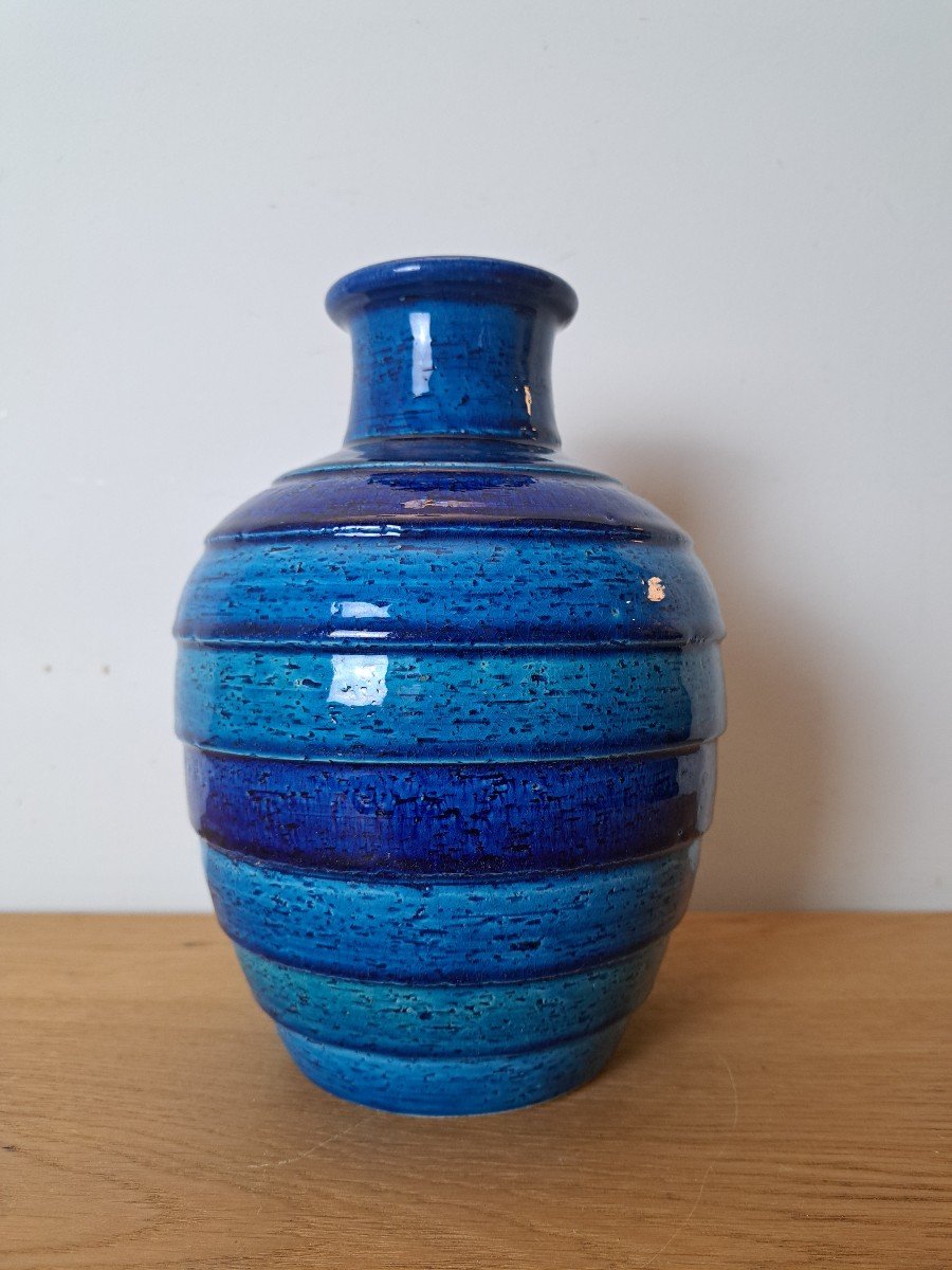 Aldo Londi Pour Bitossi , Vase , Céramique émaillée Bleu/vert , XXe Siècle . -photo-3