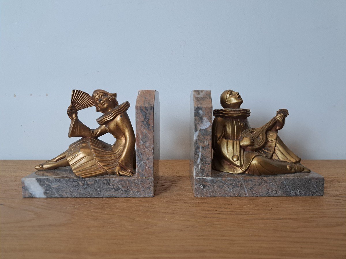 Pierrot And Colombine, Pair Of Bookends, Spelter And Marble, Art Deco, 20th Century. -photo-2