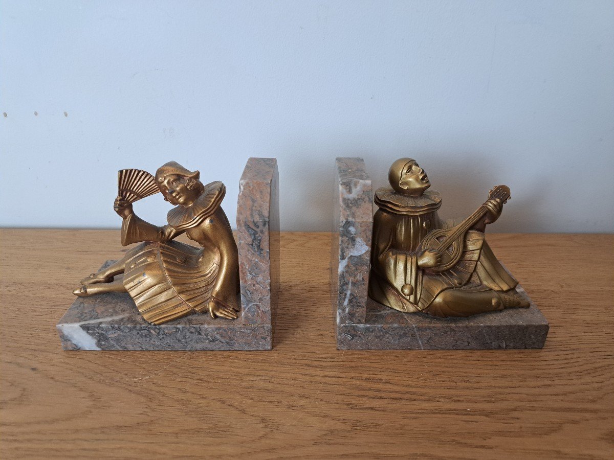 Pierrot And Colombine, Pair Of Bookends, Spelter And Marble, Art Deco, 20th Century. -photo-3