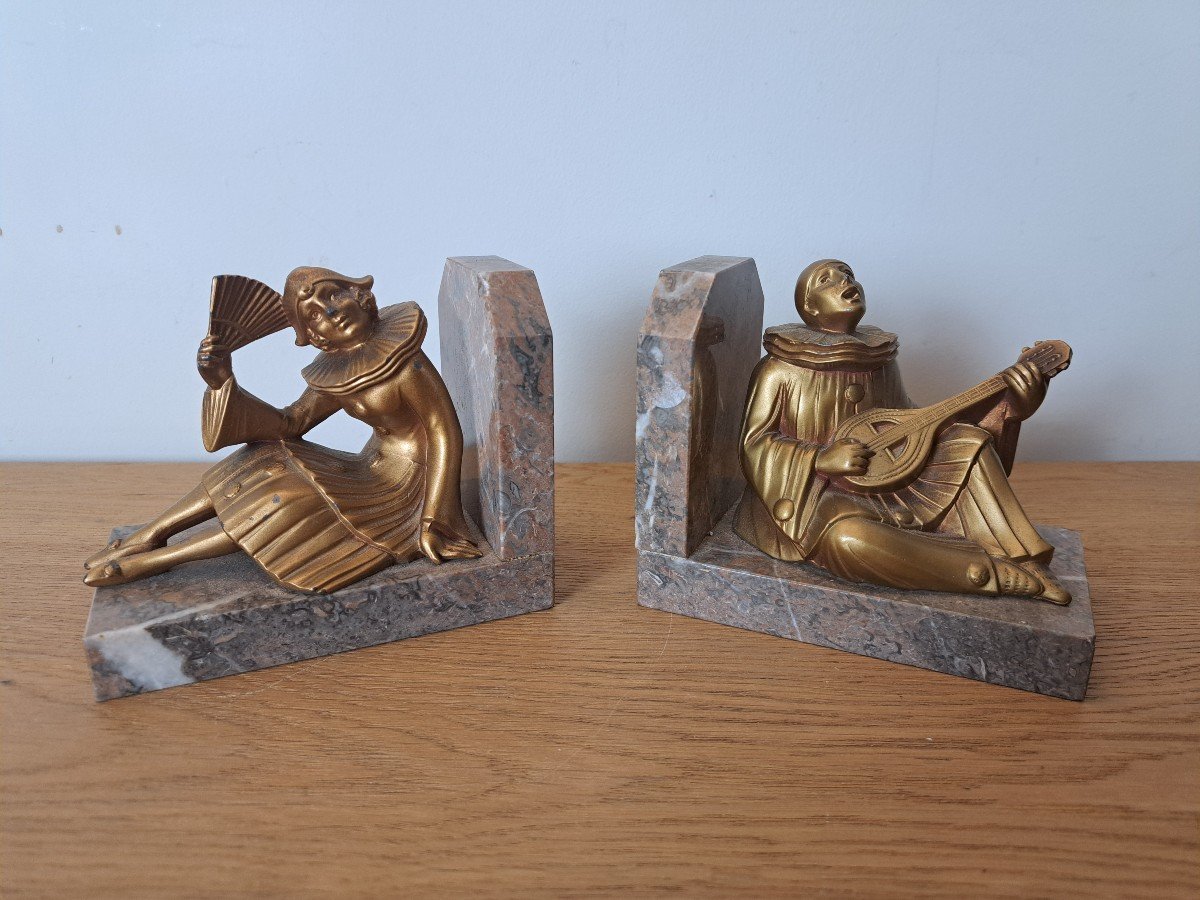 Pierrot And Colombine, Pair Of Bookends, Spelter And Marble, Art Deco, 20th Century. -photo-4