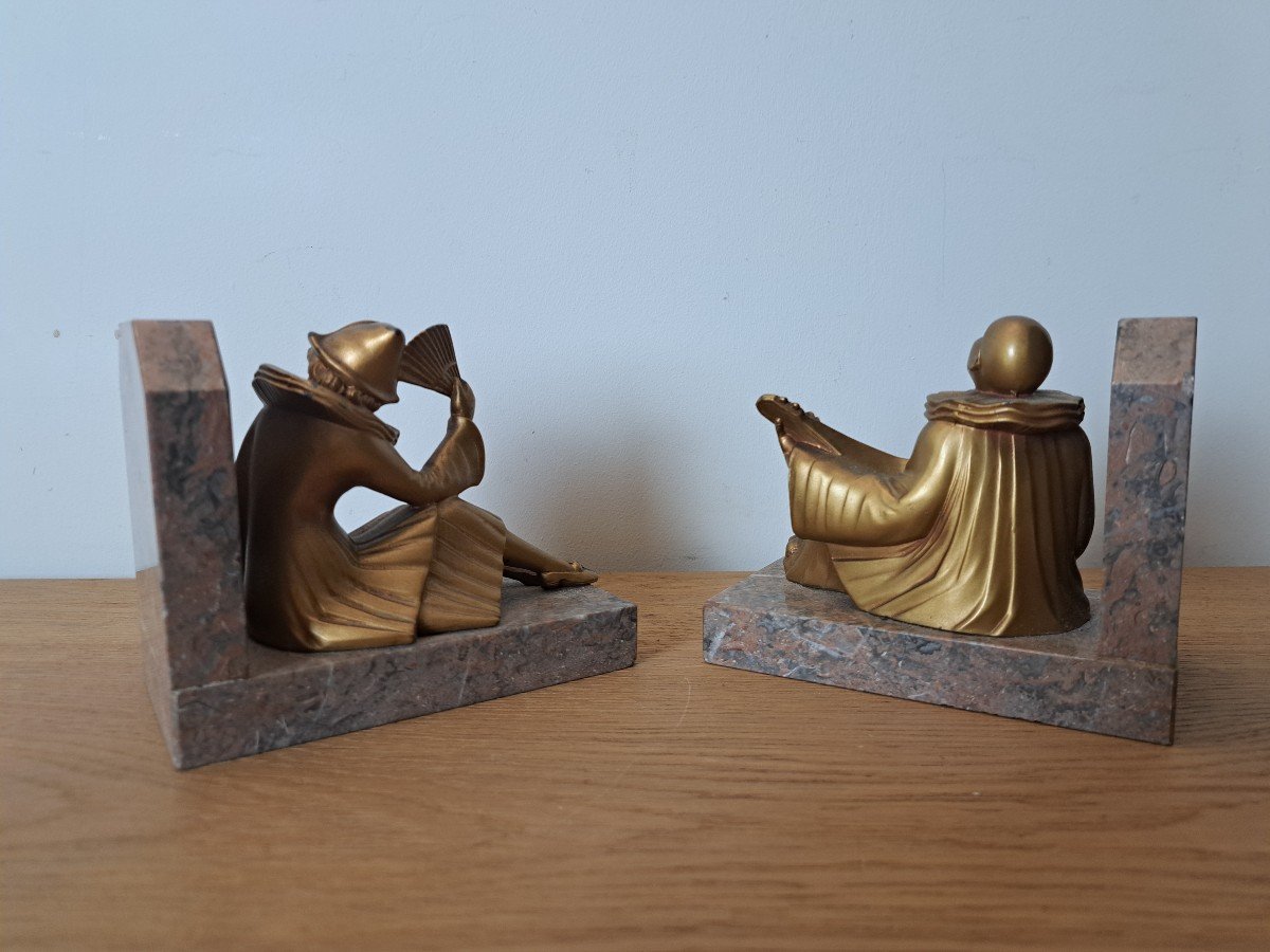 Pierrot And Colombine, Pair Of Bookends, Spelter And Marble, Art Deco, 20th Century. -photo-2