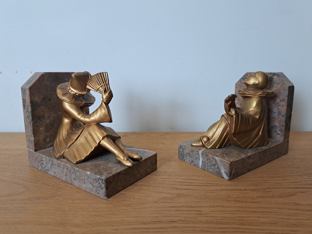 Pierrot And Colombine, Pair Of Bookends, Spelter And Marble, Art Deco, 20th Century. -photo-3