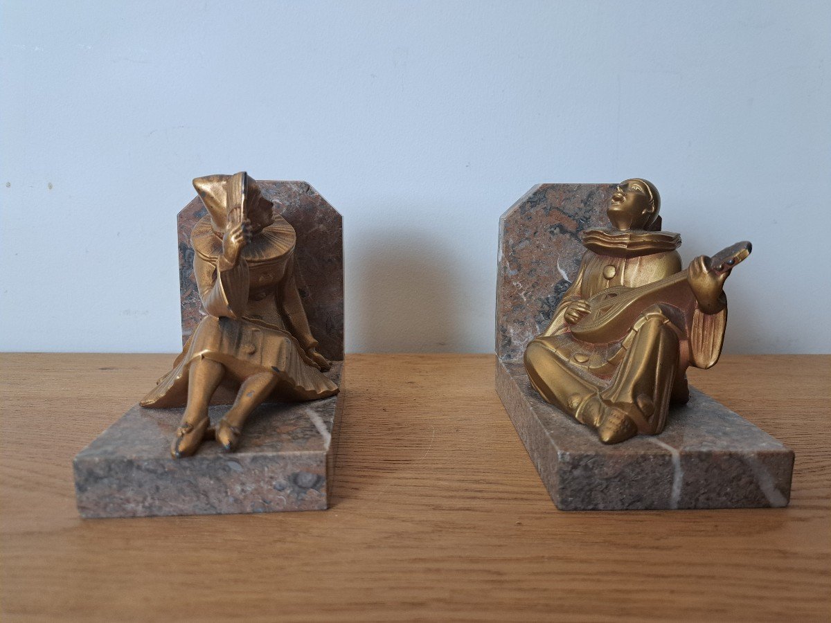 Pierrot And Colombine, Pair Of Bookends, Spelter And Marble, Art Deco, 20th Century. -photo-4