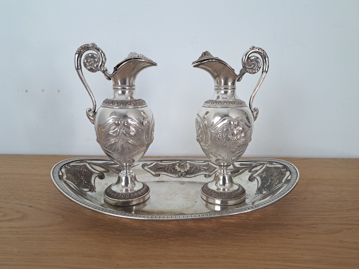 Pair Of Cruets, Silver-plated Metal, Restoration Period, 19th Century. 