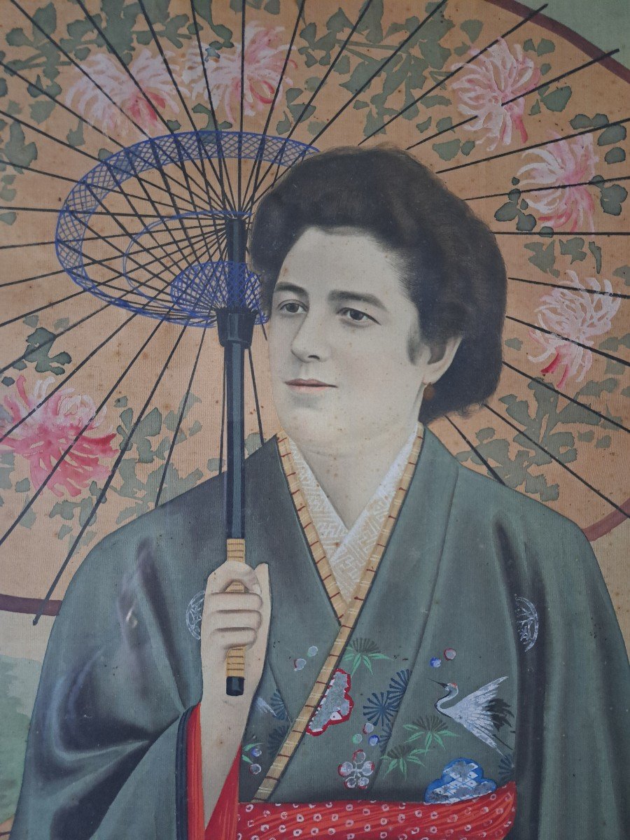 Dlg  Jirokichi Kasagi , Portrait De Femme En Japonaise , Encre Et Couleurs Sur Soie, Début XX°.-photo-2