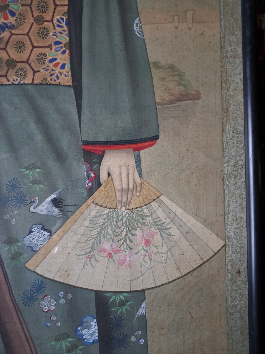 Dlg  Jirokichi Kasagi , Portrait De Femme En Japonaise , Encre Et Couleurs Sur Soie, Début XX°.-photo-6