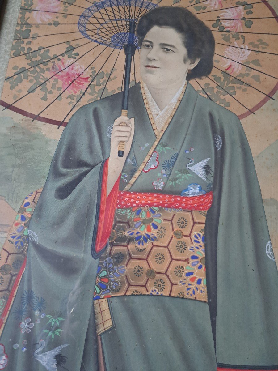 Dlg  Jirokichi Kasagi , Portrait De Femme En Japonaise , Encre Et Couleurs Sur Soie, Début XX°.-photo-7