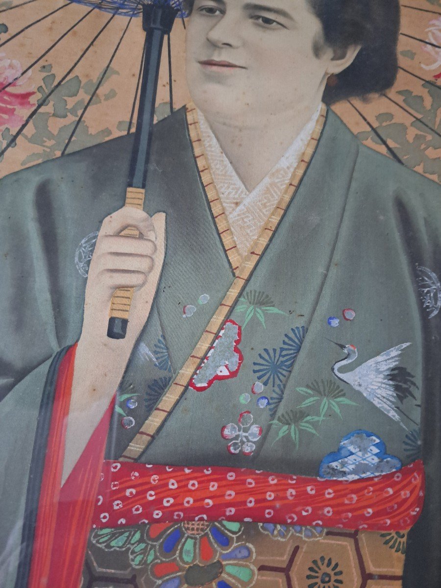 Dlg  Jirokichi Kasagi , Portrait De Femme En Japonaise , Encre Et Couleurs Sur Soie, Début XX°.-photo-8