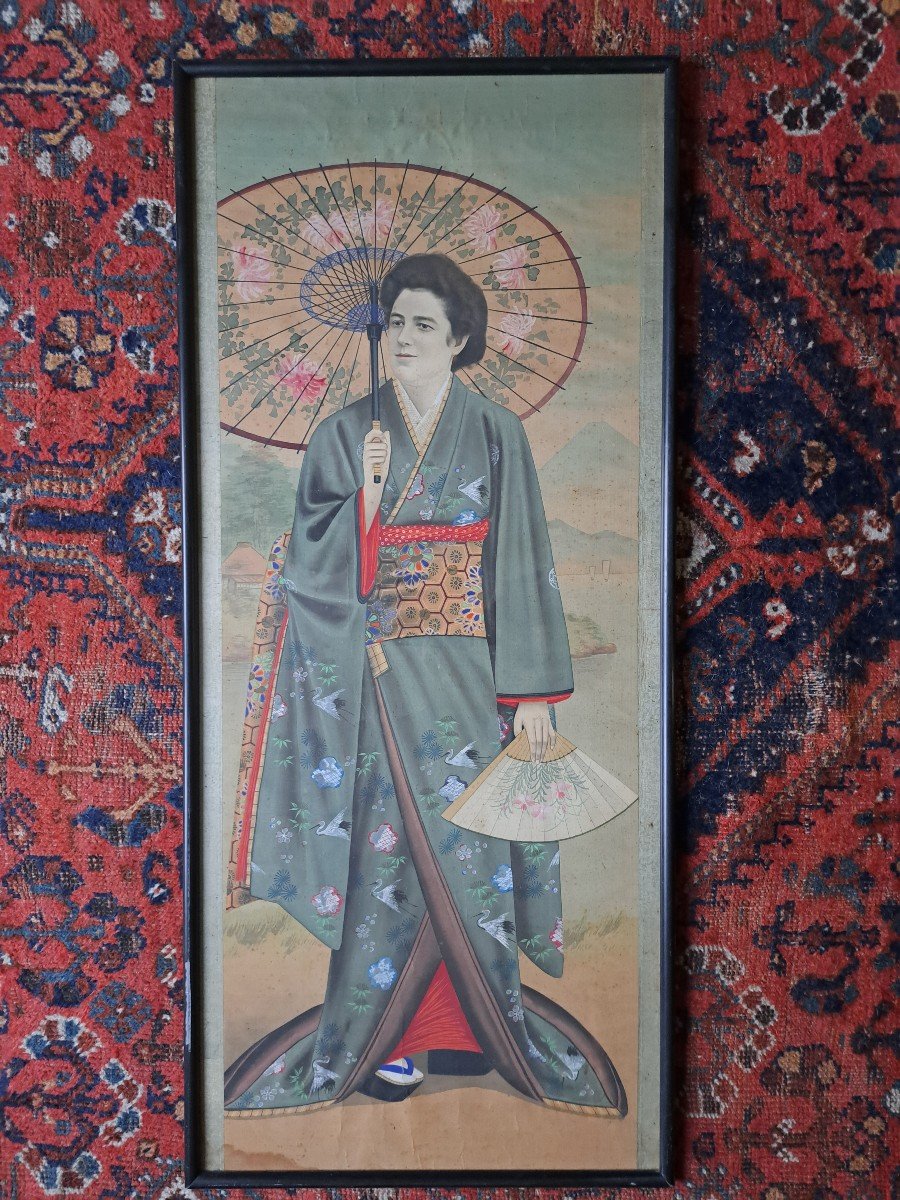 Dlg  Jirokichi Kasagi , Portrait De Femme En Japonaise , Encre Et Couleurs Sur Soie, Début XX°.