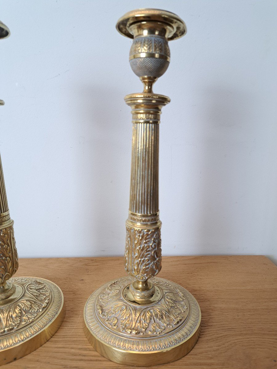 Pair Of Candlesticks, Gilt Bronze, Restoration Period, Early 19th Century. -photo-2