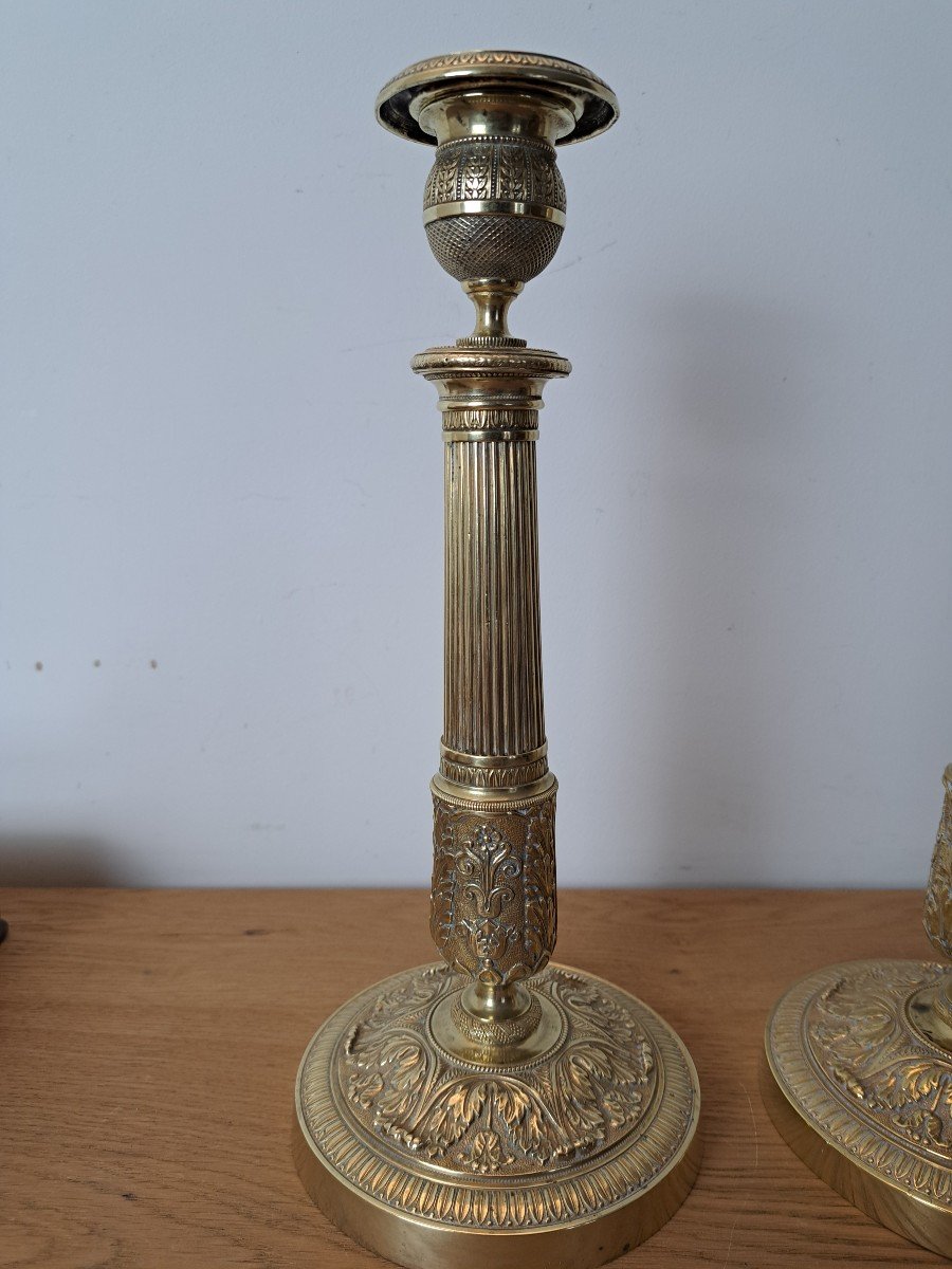 Pair Of Candlesticks, Gilt Bronze, Restoration Period, Early 19th Century. -photo-3