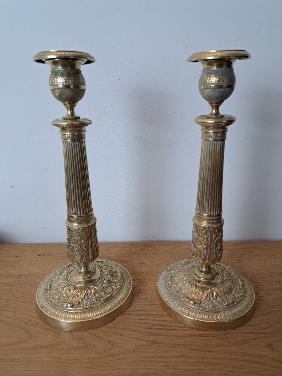 Pair Of Candlesticks, Gilt Bronze, Restoration Period, Early 19th Century. -photo-4