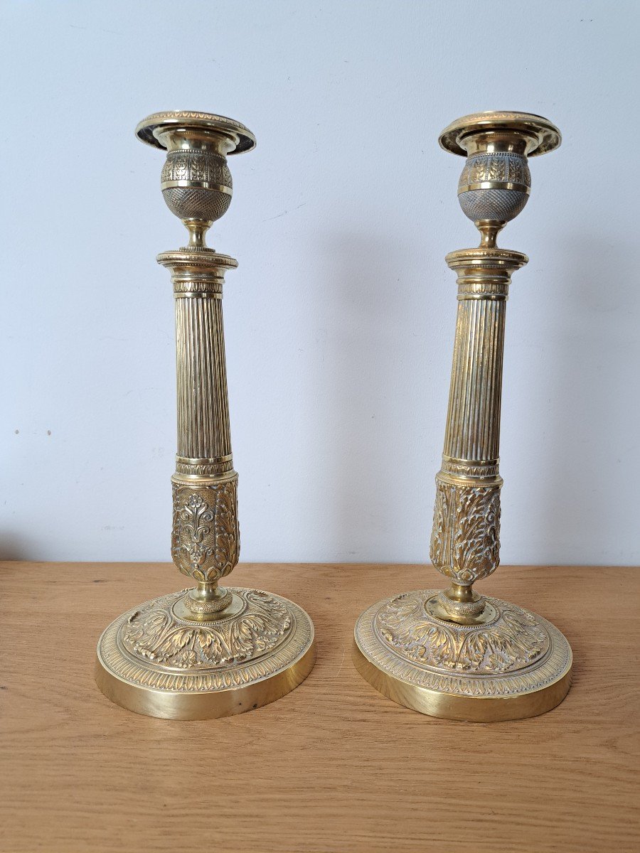 Pair Of Candlesticks, Gilt Bronze, Restoration Period, Early 19th Century. 