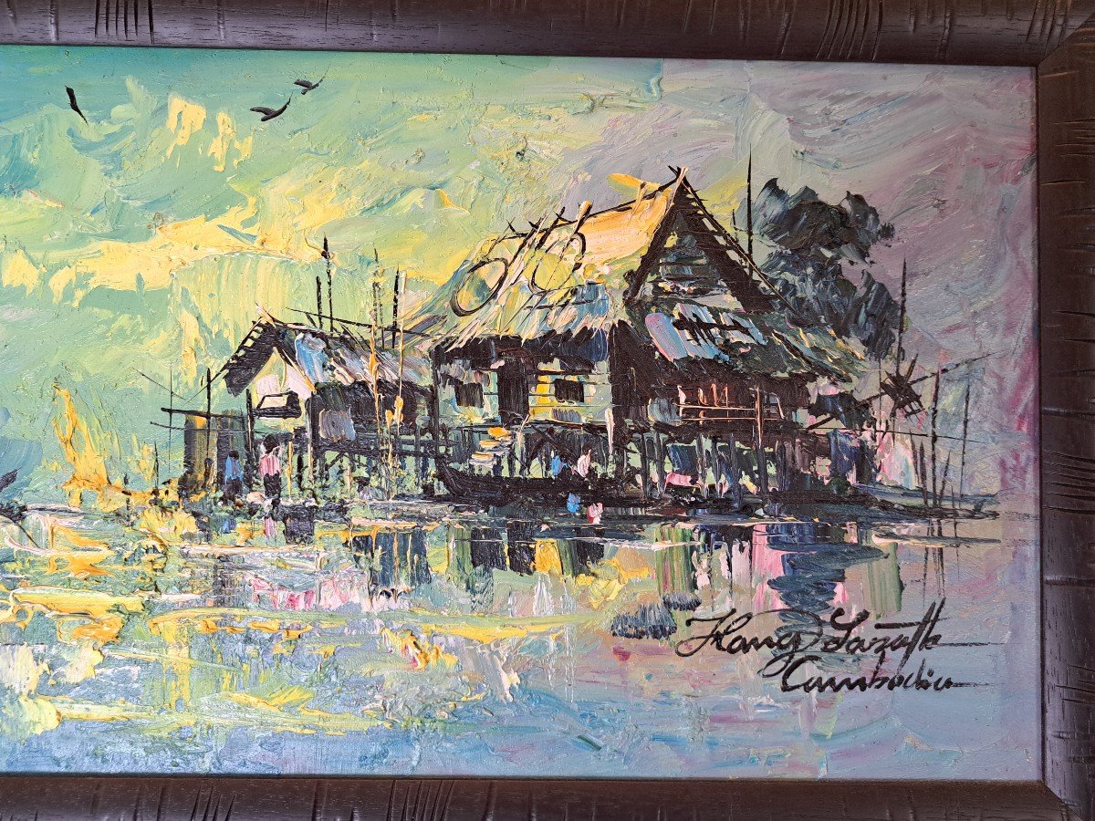 Hang Sarath, Houses On Stilts And Boats, Oil On Canvas, 20th Century. -photo-4