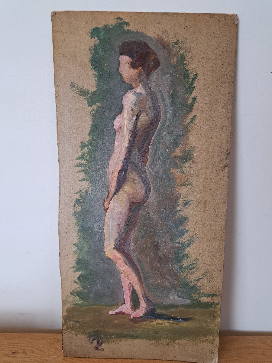 Studio Nude, Oil On Cardboard, 20th Century. -photo-2