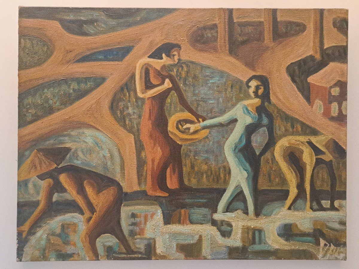 Women Workers In The Rice Fields, Oil On Canvas Signed, 20th Century. -photo-2