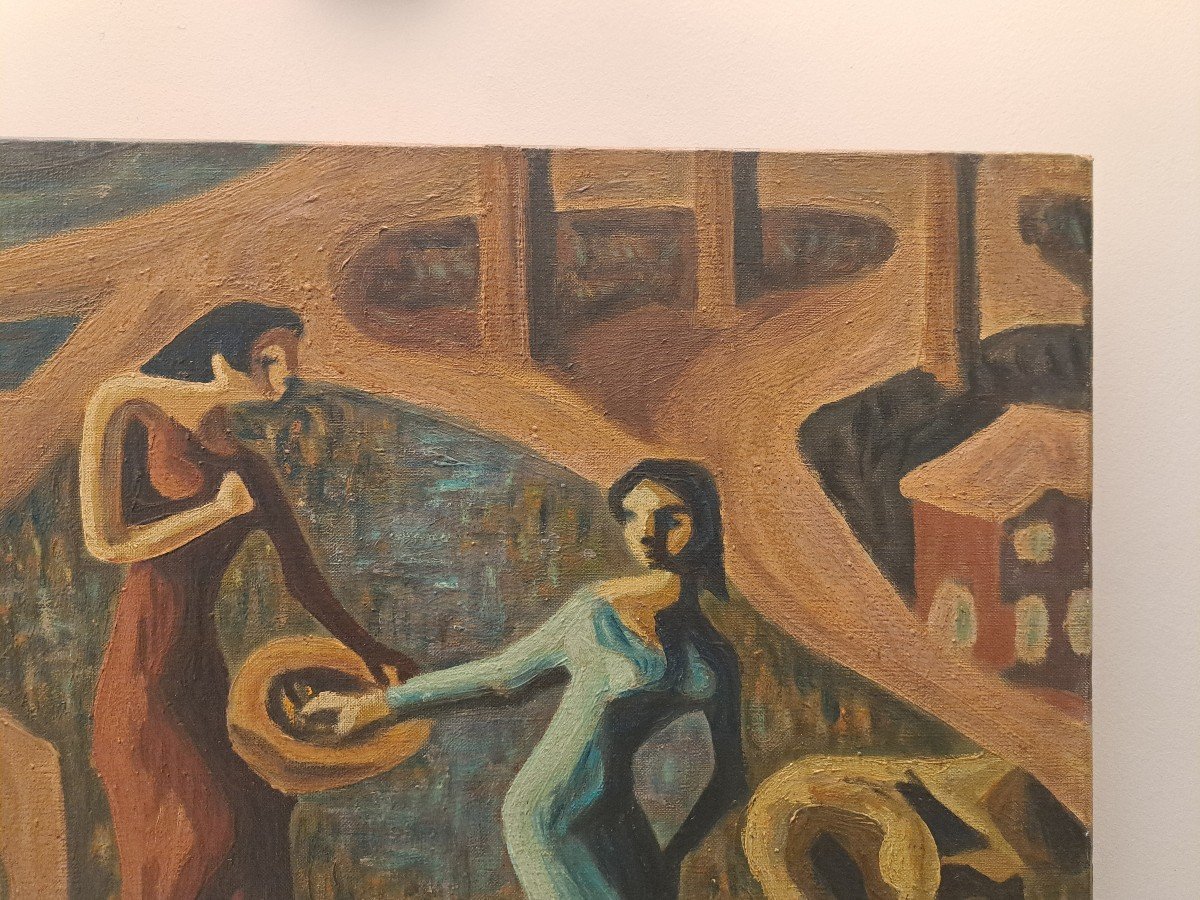 Women Workers In The Rice Fields, Oil On Canvas Signed, 20th Century. -photo-2