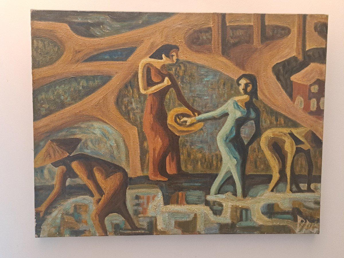 Women Workers In The Rice Fields, Oil On Canvas Signed, 20th Century. -photo-4