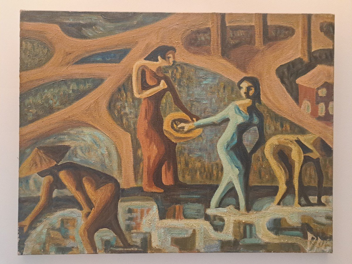 Women Workers In The Rice Fields, Oil On Canvas Signed, 20th Century. 