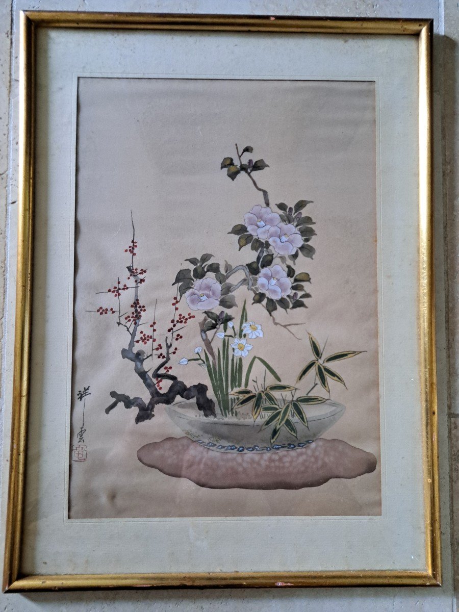 Ikebana, Silk Painting, Japan, Early 20th Century. -photo-3