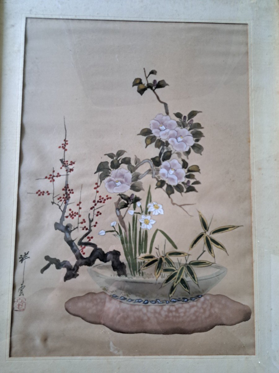 Ikebana, Silk Painting, Japan, Early 20th Century. -photo-4