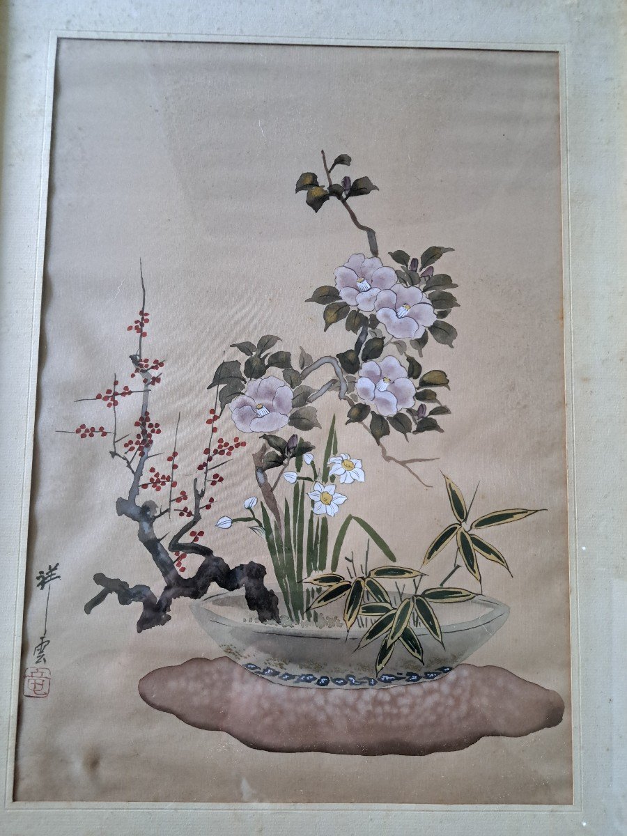 Ikebana, Silk Painting, Japan, Early 20th Century. -photo-1