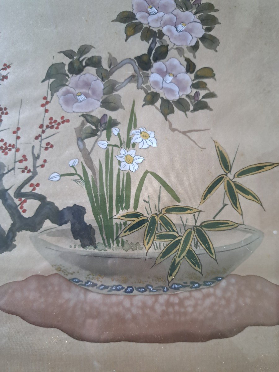 Ikebana, Silk Painting, Japan, Early 20th Century. -photo-3