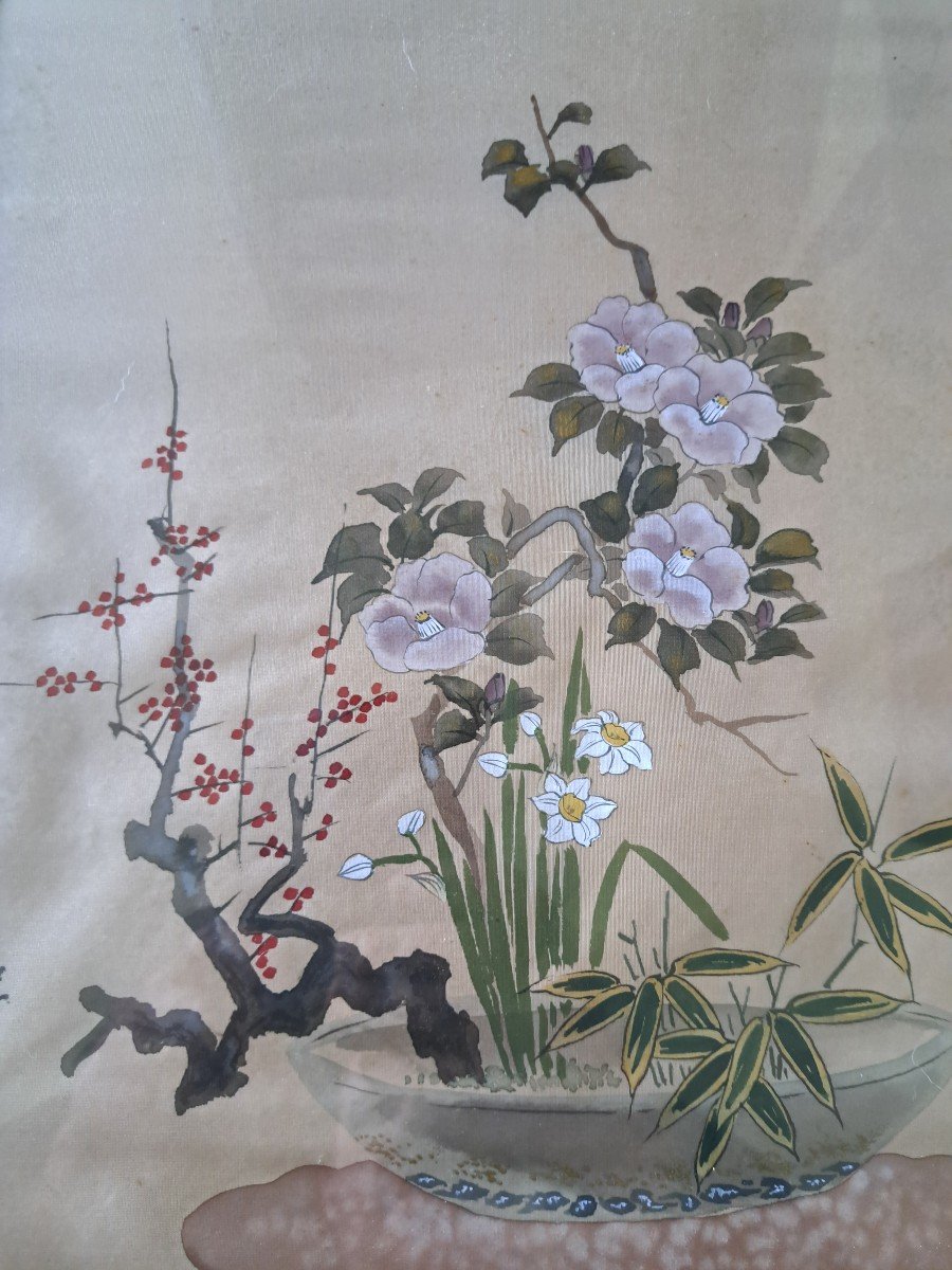 Ikebana, Silk Painting, Japan, Early 20th Century. -photo-4