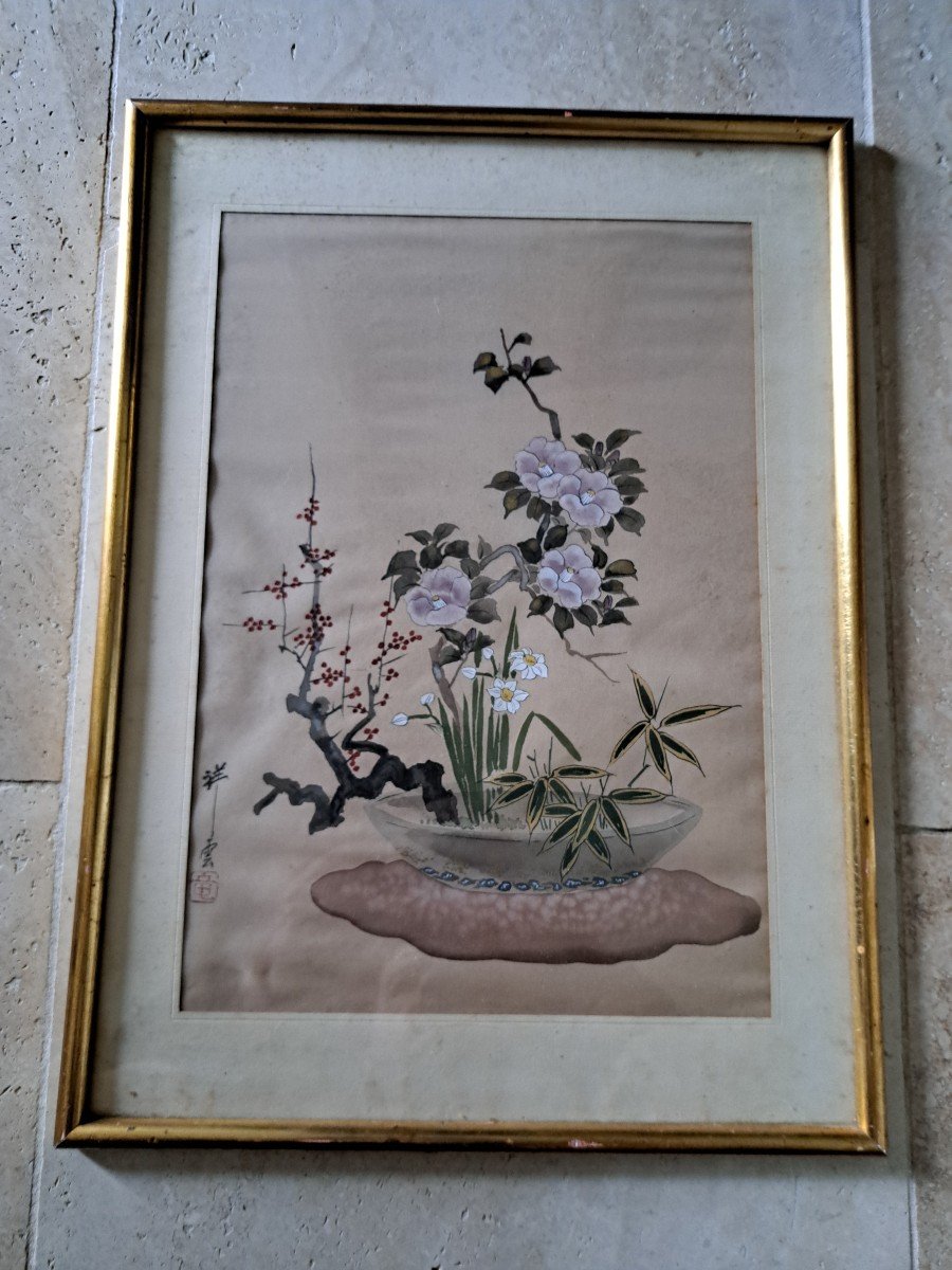 Ikebana, Silk Painting, Japan, Early 20th Century. 