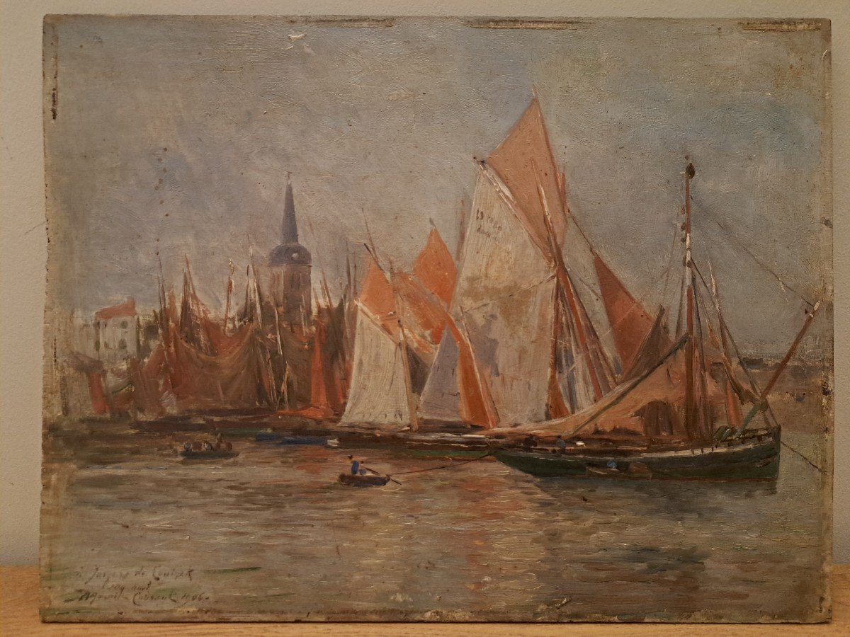 Maurice Courant, Sailboats In A Breton Port, Oil On Panel, Early 20th Century. -photo-2