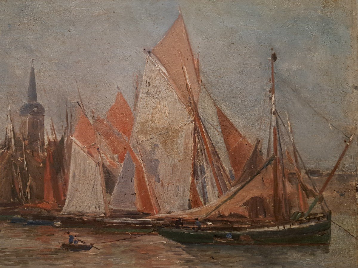 Maurice Courant, Sailboats In A Breton Port, Oil On Panel, Early 20th Century. -photo-3