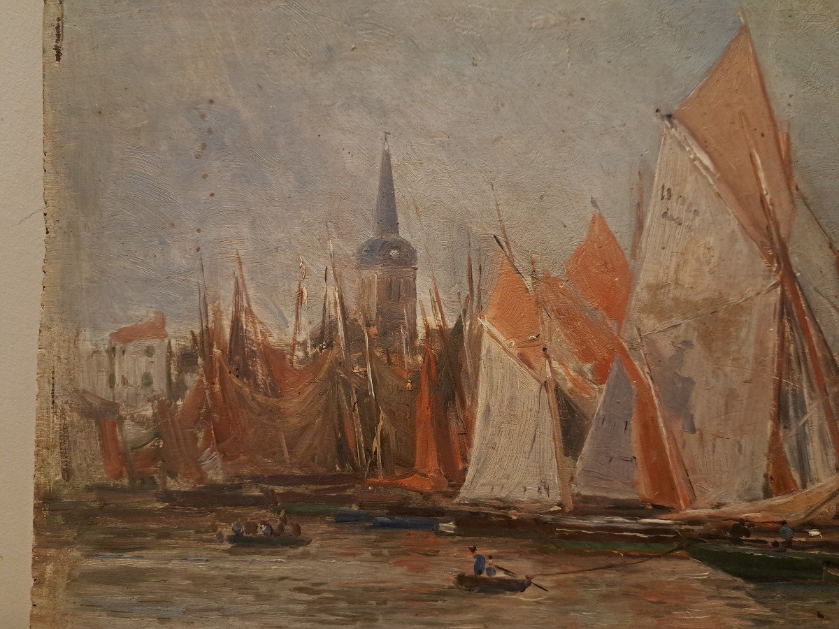 Maurice Courant, Sailboats In A Breton Port, Oil On Panel, Early 20th Century. -photo-4