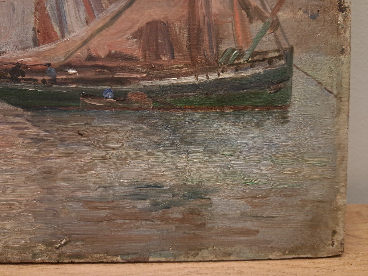 Maurice Courant, Sailboats In A Breton Port, Oil On Panel, Early 20th Century. -photo-3